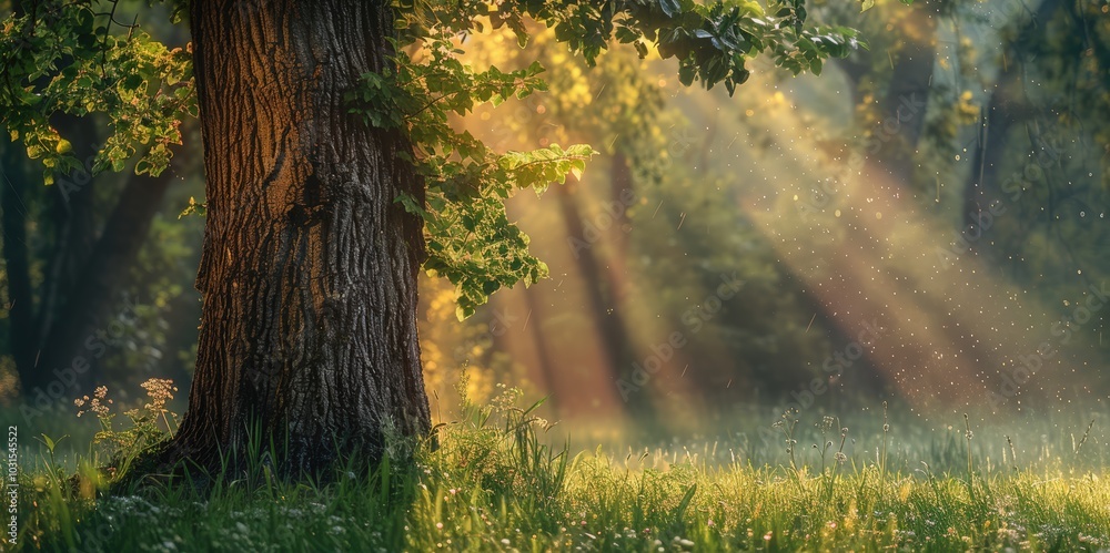 Obraz premium Serene Forest with Sunlight Filtering Through Trees
