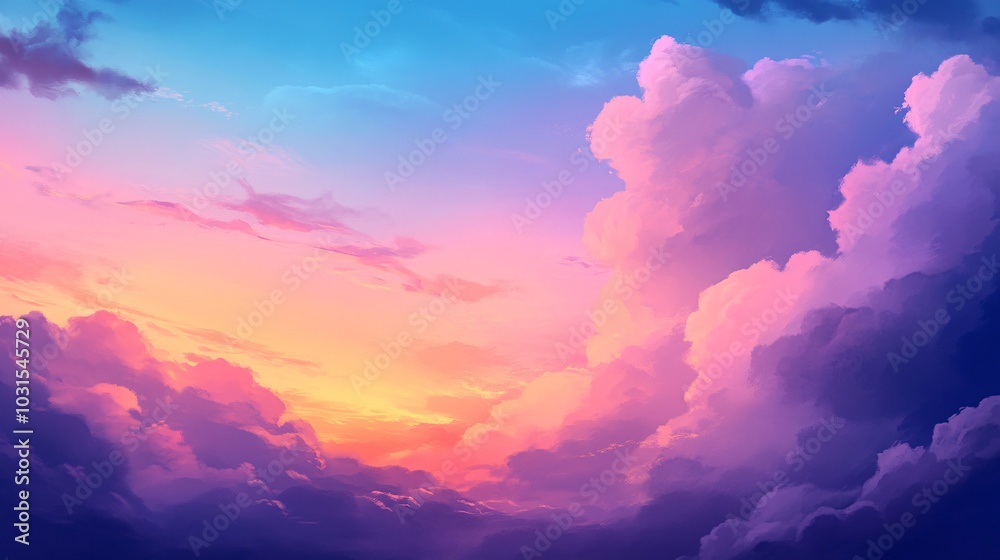 2408 34.A tranquil sunset sky with a gradient of colors from light blue to deep purple, filled with fluffy clouds glowing in the soft pink light of dusk. The peaceful atmosphere and picturesque view 2408 34.A tranquil sunset sky with a gradient of colors from light blue to deep purple, filled with fluffy clouds glowing in the soft pink light of dusk. The peaceful atmosphere and picturesque view