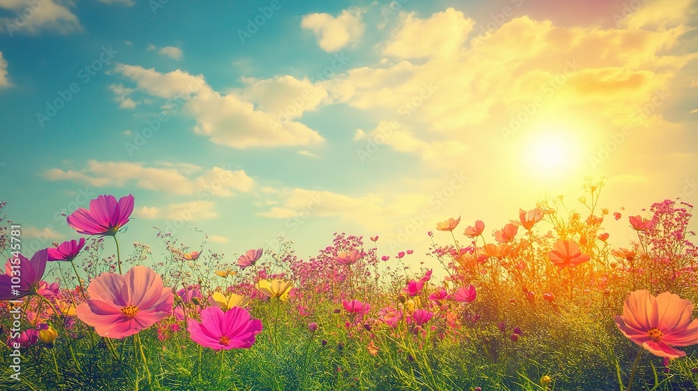 Fototapeta premium Vibrant Flower Field Under Golden Sunset Sky