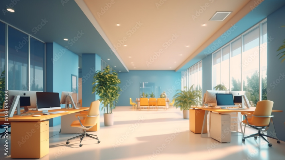 Fototapeta premium Blurred office workspace in the evening , interior workplace with cityscape for business presentation background Modern Office Space with Glass Walls and Blurred Background 