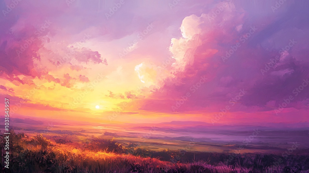 2408 38.A magical and colorful landscape with a sunset sky painted in soft hues of pink and purple. The oil painting technique brings out the dreamy quality of the clouds, with light tones blending 2408 38.A magical and colorful landscape with a sunset sky painted in soft hues of pink and purple. The oil painting technique brings out the dreamy quality of the clouds, with light tones blending