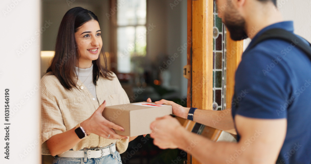 Fototapeta premium Delivery man, front door and woman with packaging, shipping or friendly service with cardboard. People, courier or customer with parcel, house or product with industry, supply chain or distribution