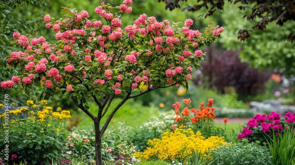 An ornamental tree in full bloom, its branches filled with colorful flowers, adding elegance to a garden