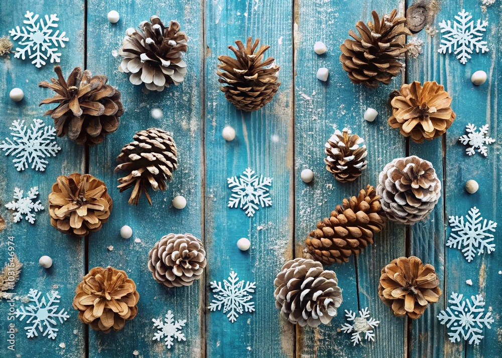 Pine Cones and Snowflakes on a Blue Wooden Background for Winter Decor Pine Cones and Snowflakes on a Blue Wooden Background for Winter Decor