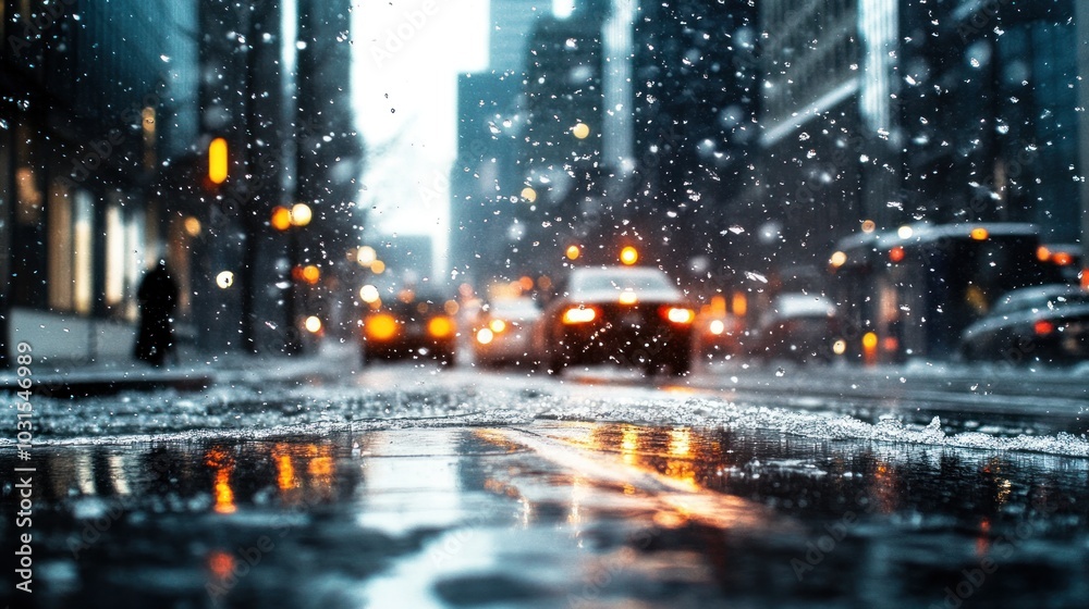 Freezing rain falling over a city, creating dangerous black ice on roads and sidewalks, making travel treacherous Freezing rain falling over a city, creating dangerous black ice on roads and sidewalks, making travel treacherous