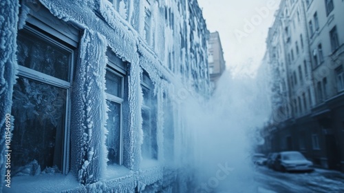 Frost covering every surface of a frozen city, with windows, cars, and streets all coated in ice as the temperature drops further