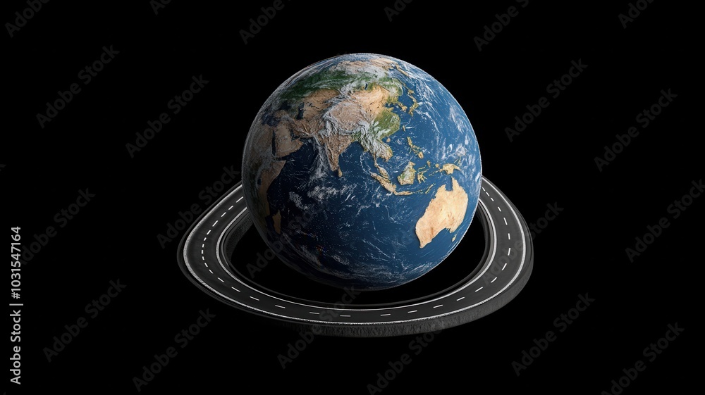 3d illustration of road around earth globe,Asphalt Road Circles earth,The road through the green forest, going through the forest to earth, Aerial top view forest,green grass field forward to globe. 3d illustration of road around earth globe,Asphalt Road Circles earth,The road through the green forest, going through the forest to earth, Aerial top view forest,green grass field forward to globe.