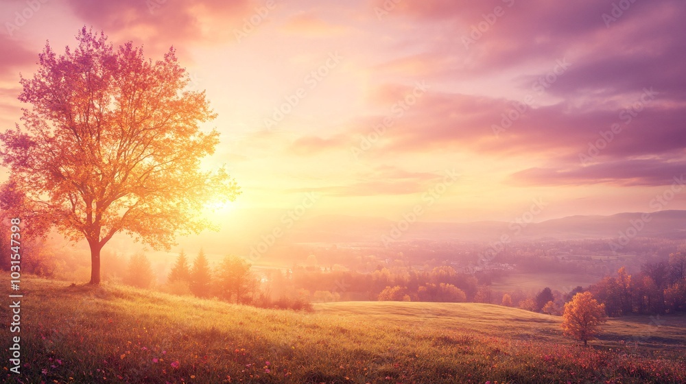 2408 59.A tranquil sunrise sky with soft pink and yellow tones, lighting up the horizon in a peaceful autumn landscape. The dramatic twilight colors blend seamlessly into the winter sky, creating a 2408 59.A tranquil sunrise sky with soft pink and yellow tones, lighting up the horizon in a peaceful autumn landscape. The dramatic twilight colors blend seamlessly into the winter sky, creating a