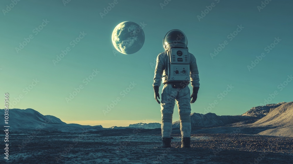Obraz premium AI-created portrait of a futuristic astronaut, standing on an alien surface with the Earth visible in the distant sky.
