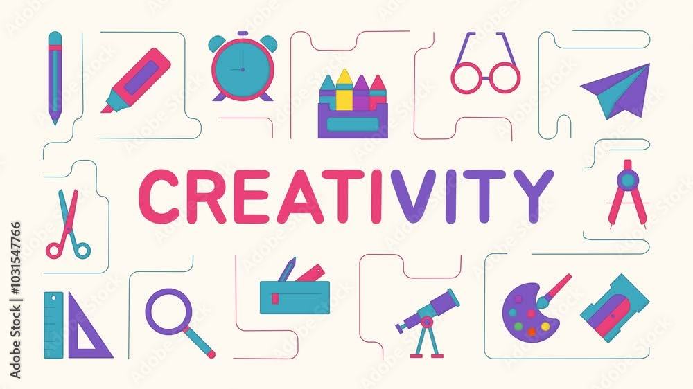 Creativity word concept animation. School education. Animated banner with colorful icons. Creativity word concept animation. School education. Animated banner with colorful icons.