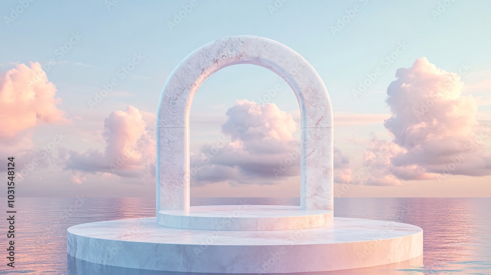 2408 69.A serene 3D scene with a natural beauty podium placed against a dreamy seascape. The podium is framed by an elegant arch, with soft clouds drifting in the sky, creating a romantic and 2408 69.A serene 3D scene with a natural beauty podium placed against a dreamy seascape. The podium is framed by an elegant arch, with soft clouds drifting in the sky, creating a romantic and