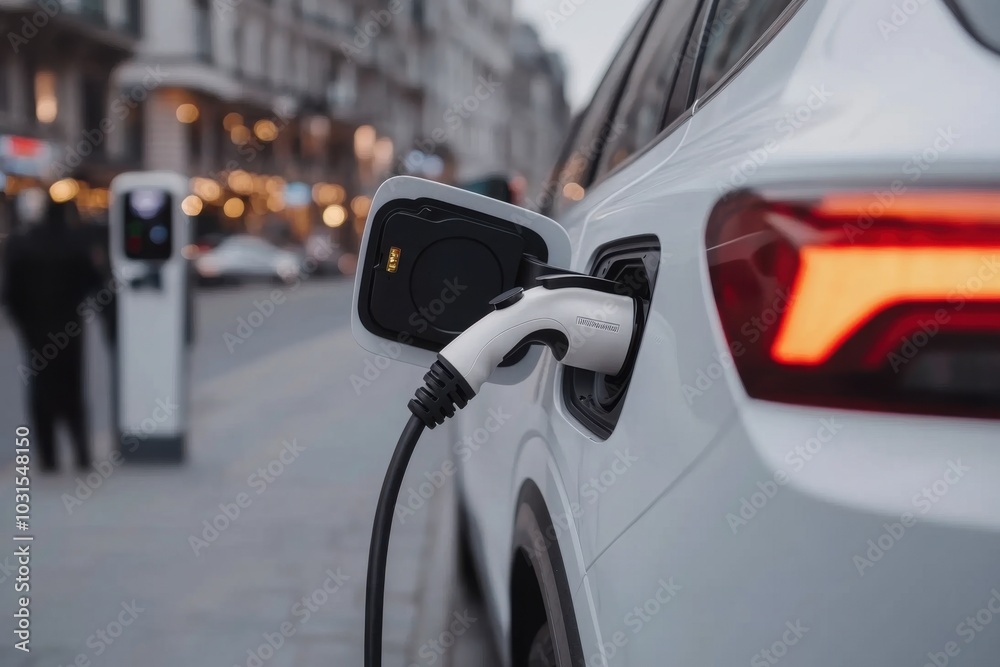 Modern electric car charging from public station in city Modern electric car charging from public station in city