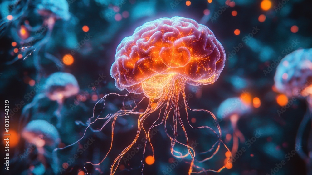 Glowing brain illustration resembling a jellyfish image. Glowing brain illustration resembling a jellyfish image.