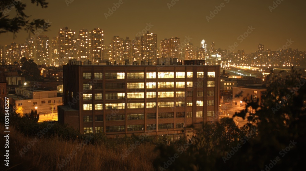 Illuminated urban landscape at night with skyline.