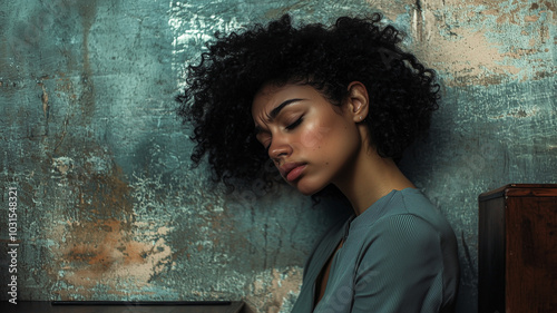 Close-Up of Sad American Businesswoman Leaning Against Desk, Displaying Stress..