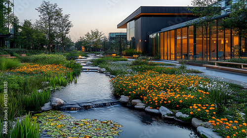 A sleek office tower with clean lines and large windows, standing amidst a beautifully designed garden filled with wild roses, ornamental shrubs, and a tranquil water pond 