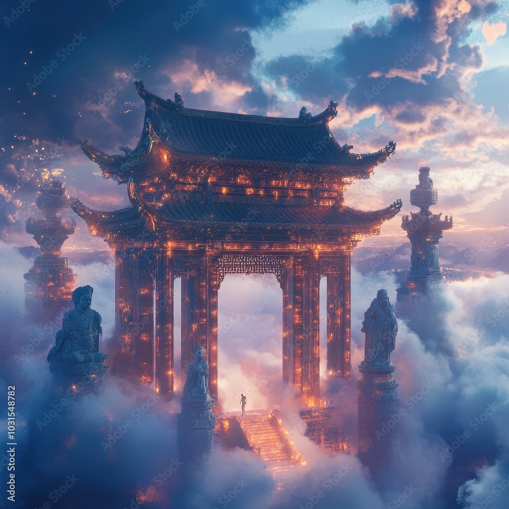 Enchanted Ancient Temple Amidst Glowing Clouds Enchanted Ancient Temple Amidst Glowing Clouds