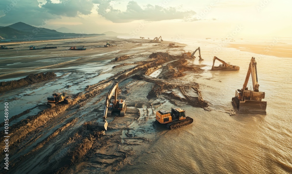 Construction equipment digging on a beach. Construction equipment digging on a beach.