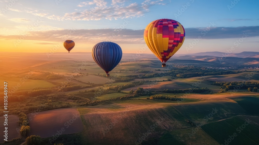 Naklejka premium Hot air ballooners drifting high above scenic landscapes, enjoying panoramic views during a peaceful yet exhilarating ballooning adventure