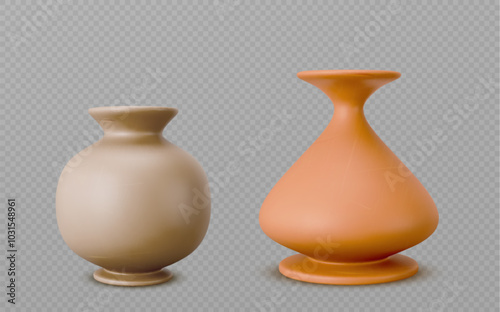 Clay pottery vessel. Old ceramic vase and pot. Ancient pitcher set. Antique greece wine jar with shadow. Tall earthen utensil collection. 3d realistic classic handmade oil container illustration