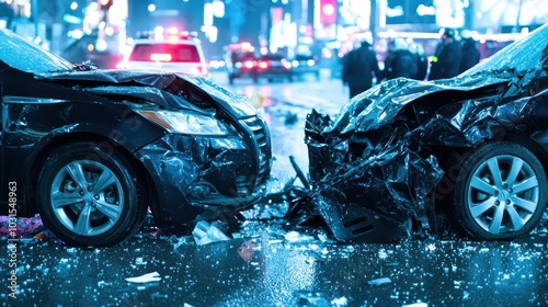 A dramatic scene of a night-time car crash, showcasing damaged vehicles amidst urban lights and reflections on the wet pavement.