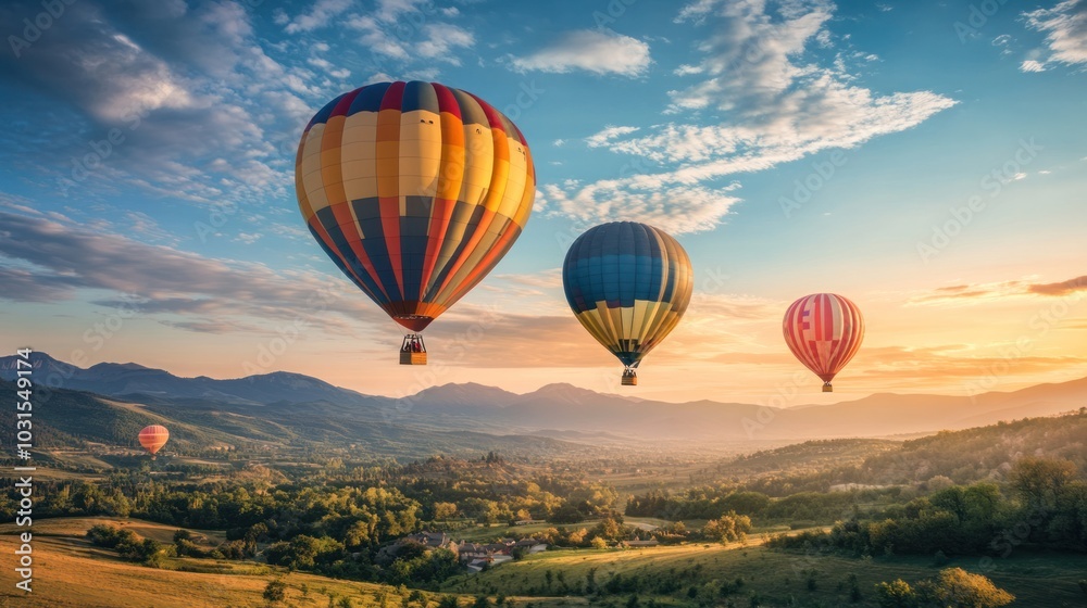 Naklejka premium Hot air ballooners drifting high above scenic landscapes, enjoying panoramic views during a peaceful yet exhilarating ballooning adventure
