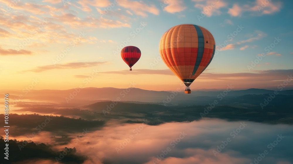 Hot air balloonists floating peacefully over stunning landscapes at sunrise, enjoying panoramic views and the thrill of silent flight Hot air balloonists floating peacefully over stunning landscapes at sunrise, enjoying panoramic views and the thrill of silent flight