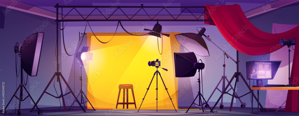Photoshoot studio with camera equipment vector illustration. Photography backstage, softbox and professional light reflector for portrait. Business interior environment with tripod and stool for game
