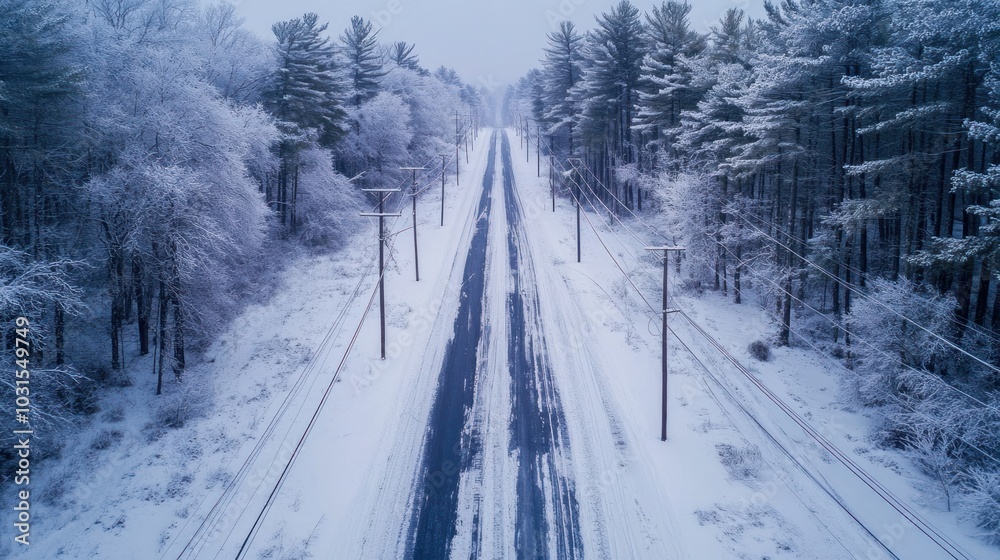 Icy roads stretching through a forest, with trees and power lines coated in frost, creating hazardous driving conditions Icy roads stretching through a forest, with trees and power lines coated in frost, creating hazardous driving conditions