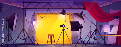 Photoshoot studio with camera equipment vector illustration. Photography backstage, softbox and professional light reflector for portrait. Business interior environment with tripod and stool for game