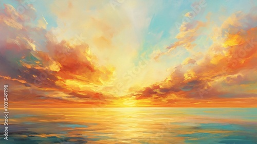 2408 95.A tranquil sunset scene over the ocean, with the golden hour painting the sky in vibrant hues of orange, yellow, and pink. Soft clouds float above the horizon, bathed in the warm light of the photo