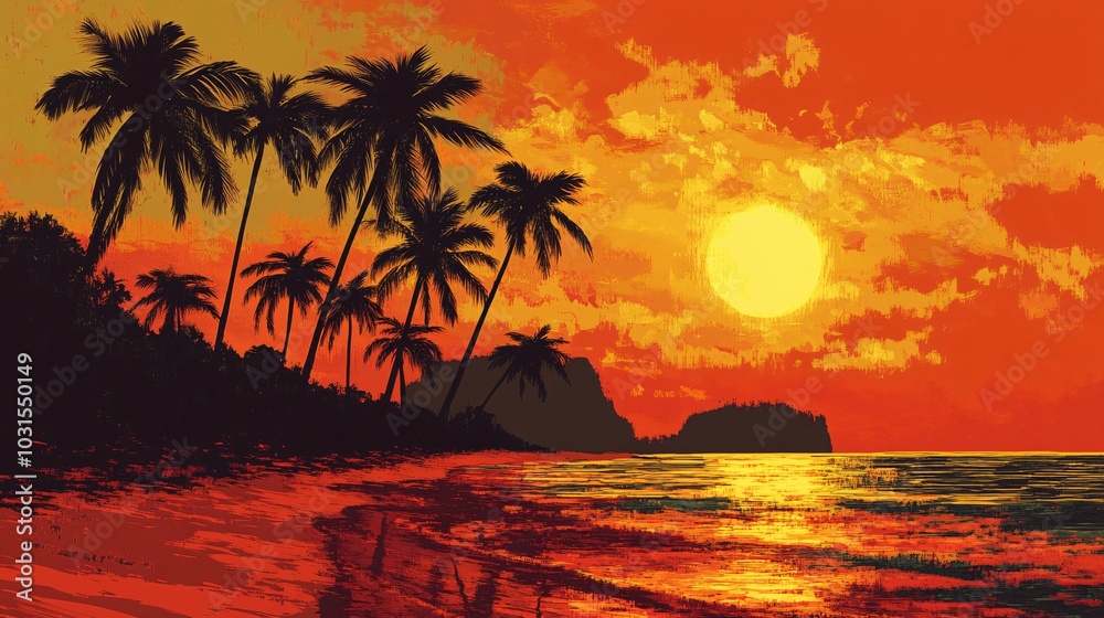 Obraz premium 2408 99.A peaceful beach at sunset, with palm trees lining the horizon under a vibrant orange sky. The warm glow of the setting sun reflects on the calm ocean, creating a relaxing, tropical