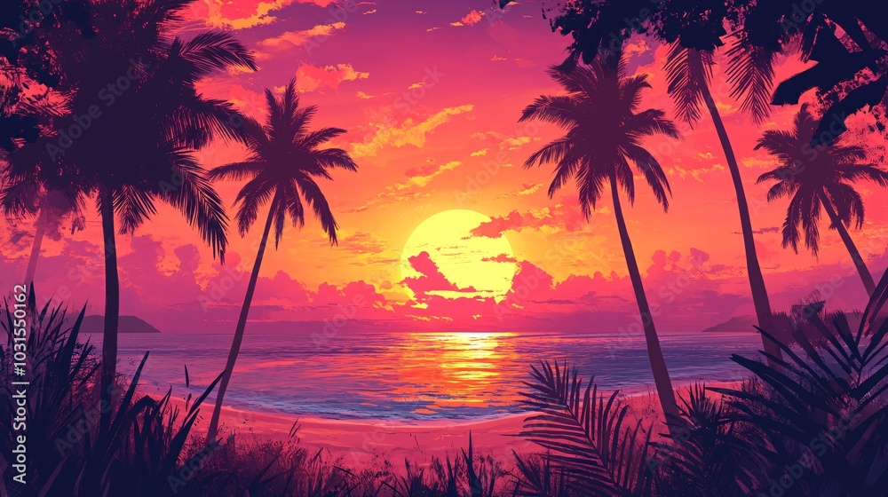 Obraz premium 2408 100.A tropical paradise at sunset, with tall palm trees silhouetted against a glowing orange and pink sky. The beach is bathed in the warm light of the setting sun, and the calm sea reflects the