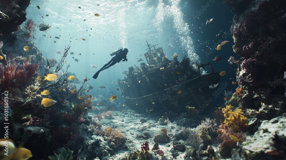 Fototapeta premium AI-rendered underwater scene showing a diver swimming near a sunken ship, with coral reefs and schools of fish surrounding.
