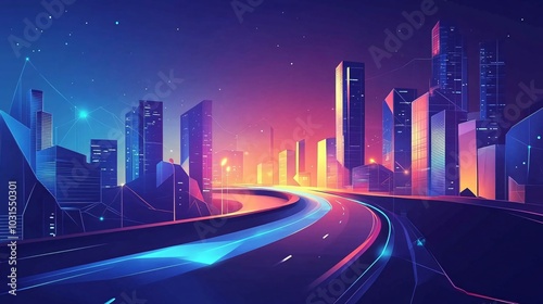 2408 101.A minimalist vector illustration of an evening highway winding through a modern cityscape, with geometric buildings and glowing windows under a soft twilight sky. The clean lines and