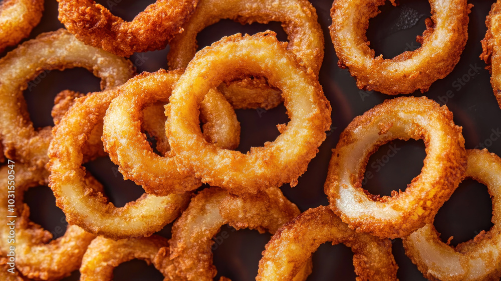Close up of golden, crispy onion rings on a white plate. Close up of golden, crispy onion rings on a white plate.
