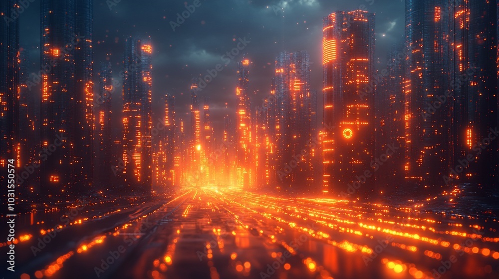 A futuristic cityscape illuminated by glowing orange lights amidst a dark, cloudy atmosphere. A futuristic cityscape illuminated by glowing orange lights amidst a dark, cloudy atmosphere.