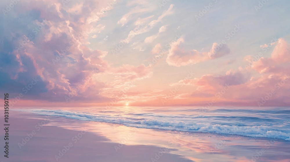 2408 106.A breathtaking sunrise over a tranquil beach with soft pastel tones of pink, lavender, and light blue, reminiscent of cotton candy. The clouds are delicate and wispy, reflecting the soft 2408 106.A breathtaking sunrise over a tranquil beach with soft pastel tones of pink, lavender, and light blue, reminiscent of cotton candy. The clouds are delicate and wispy, reflecting the soft