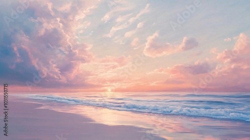 2408 106.A breathtaking sunrise over a tranquil beach with soft pastel tones of pink, lavender, and light blue, reminiscent of cotton candy. The clouds are delicate and wispy, reflecting the soft