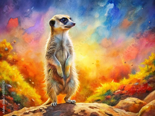Wallpaper Mural Playful Meerkat Standing Tall in a Colorful Impressionistic Desert Landscape Watercolor Painting for Animal Art Torontodigital.ca