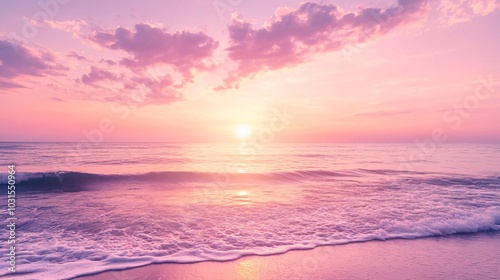 2408 110.A peaceful cotton candy sunrise at the beach, with soft pink and purple clouds drifting in a pastel sky. The sun rises above the horizon, illuminating the calm sea with a warm, golden light.