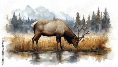 A serene elk grazing near a reflective water body, set against a mountainous backdrop.