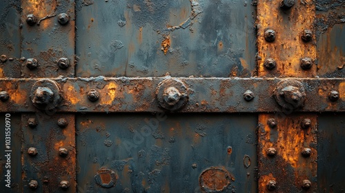 Close-up of a rusty metal surface with rivets and bolts.