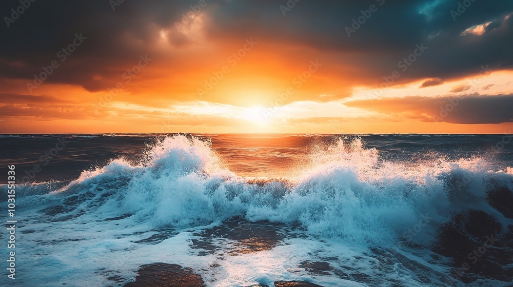 Sunset Waves Crash on Shoreline at Dusk Sunset Waves Crash on Shoreline at Dusk