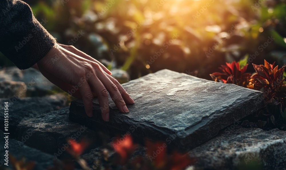 Hand touches rough stone, sunlight flares. Hand touches rough stone, sunlight flares.