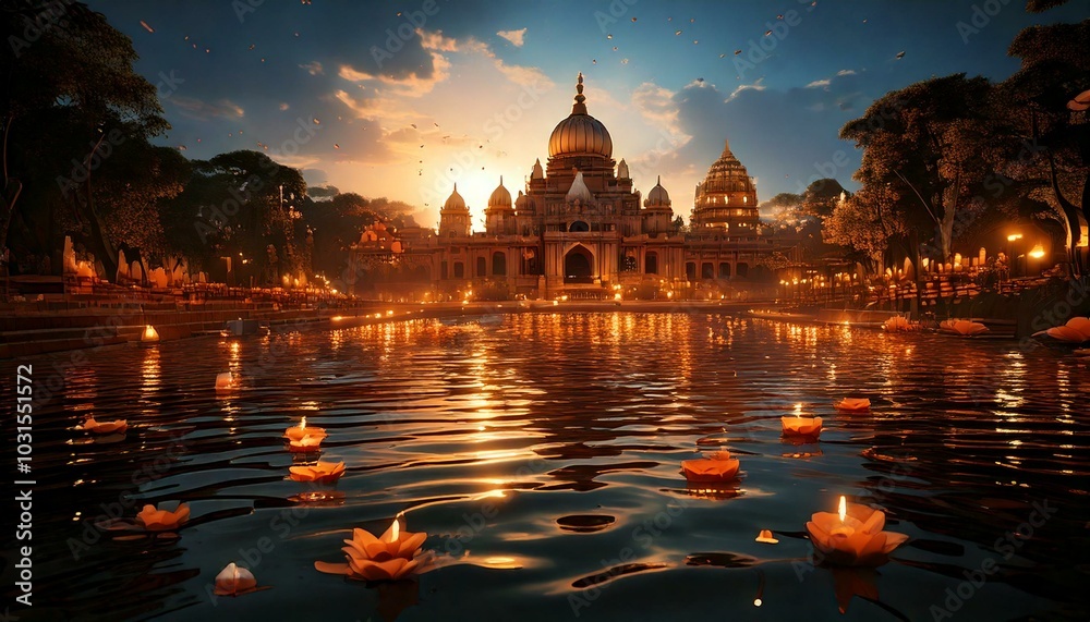 Fototapeta premium Burning candles in water for Diwali holiday, with beautiful temples