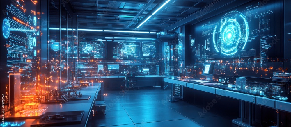 Futuristic high-tech laboratory interior with glowing screens displaying data and a digital interface. Futuristic high-tech laboratory interior with glowing screens displaying data and a digital interface.