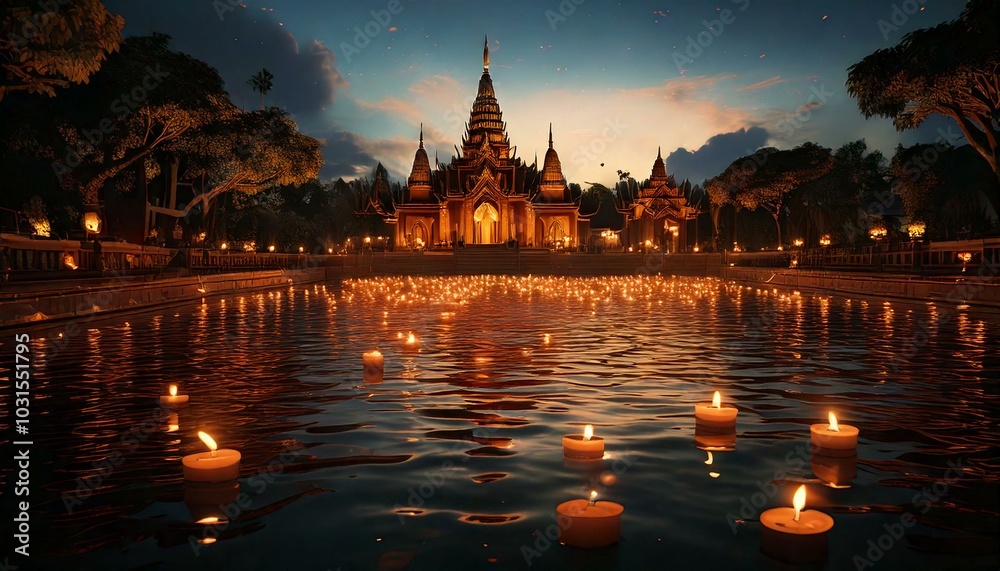 Fototapeta premium Burning candles in water for Diwali holiday, with beautiful temples
