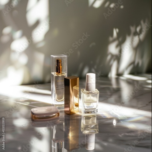 Elegant Skincare Bottles on a Reflective Surface
