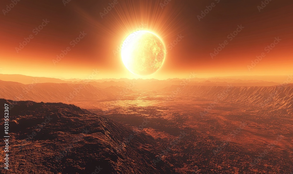 A fiery sunset over a desolate, alien landscape.